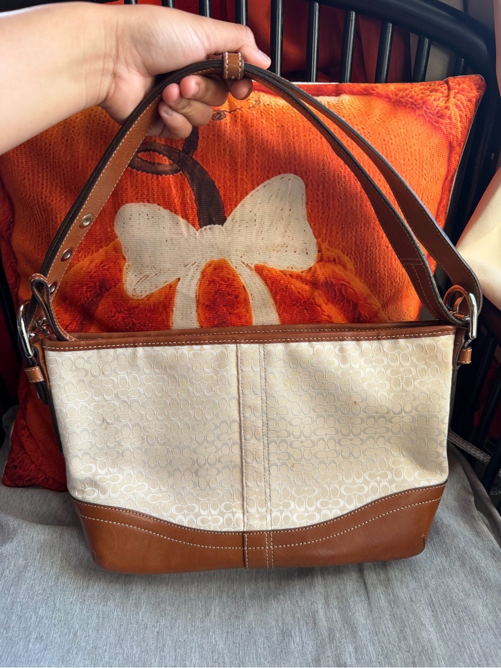 Coach Cream Signature Canvas Shoulder Bag with Brown Leather Trim
